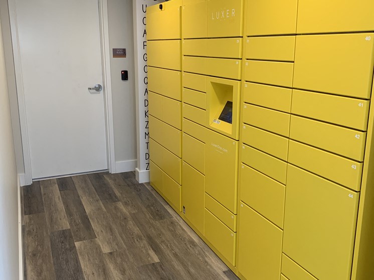 Locker Room with Large Yellow Lockers, Wood Inspired Floor and Locked Door